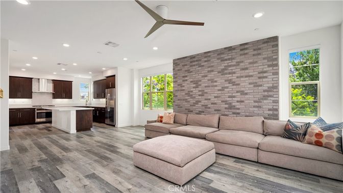 Interior, Kitchen, Living room, Recessed Lighting, Stainless Steel Appliances, Wood Texture Flooring
