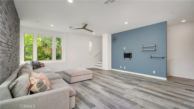 Interior, Living room, Recessed Lighting, Stone Walls, Wood Texture Flooring