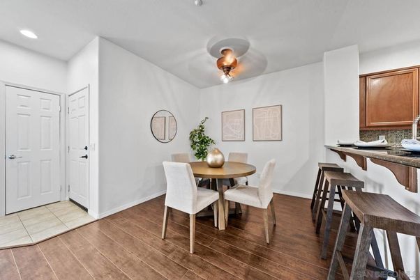 Dining room, Interior, Recessed Lighting, Wood Texture Flooring