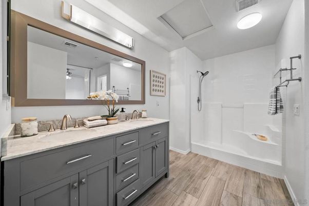 Bathroom, Dual Sink Vanities, Interior, Wood Texture Flooring