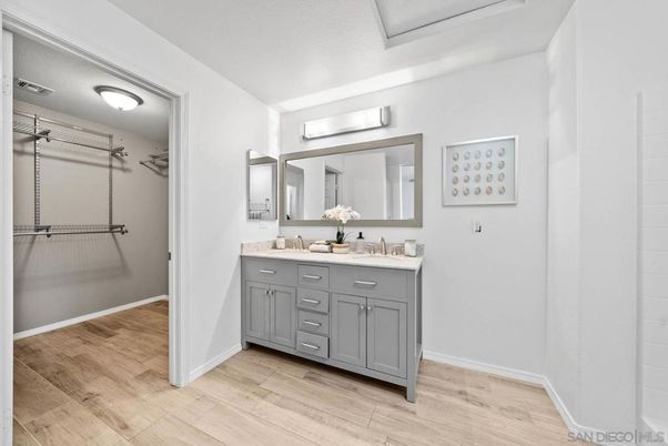 Bathroom, Dual Sink Vanities, Interior, Walk-in Closets, Wood Texture Flooring