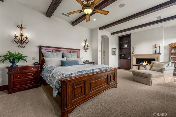 Bedroom, Fireplace, Interior, Recessed Lighting, Wooden Beams