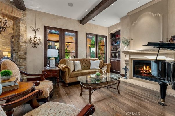 Fireplace, Interior, Living room, Piano, Recessed Lighting, Stone Walls, Wooden Beams, Wood Texture Flooring
