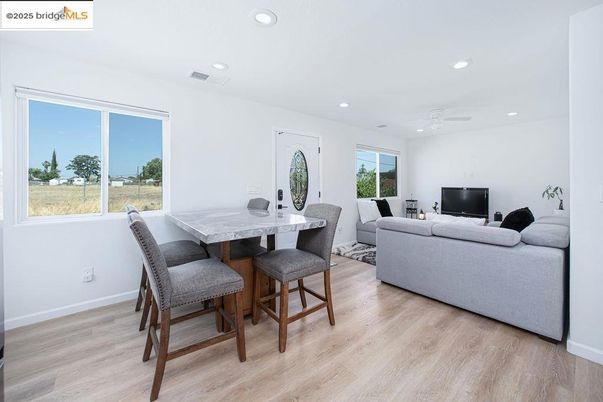 Dining room, Interior, Living room, Recessed Lighting, Wood Texture Flooring