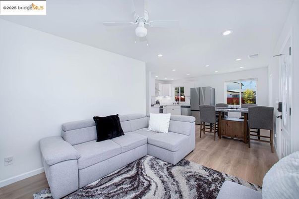 Dining room, Interior, Kitchen, Living room, Recessed Lighting, Wood Texture Flooring