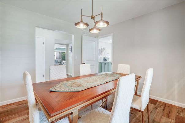 Dining room, Interior, Pendant Lights, Wood Texture Flooring