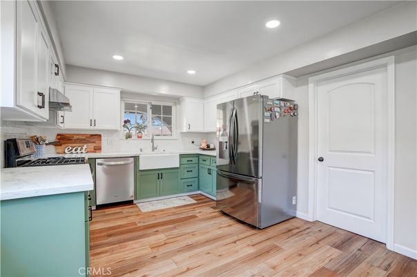 Interior, Kitchen, Recessed Lighting, Stainless Steel Appliances, Wood Texture Flooring
