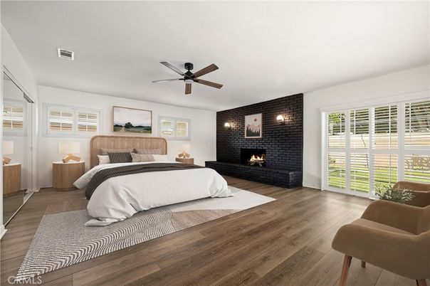 Bedroom, Fireplace, Interior, Wood Texture Flooring