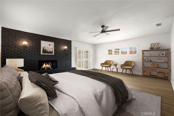 Bedroom, Fireplace, Interior, Stone Walls, Wood Texture Flooring