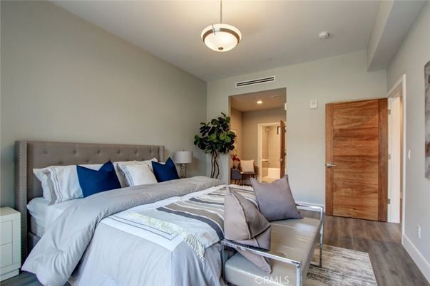 Bedroom, Interior, Pendant Lights, Recessed Lighting, Wood Texture Flooring