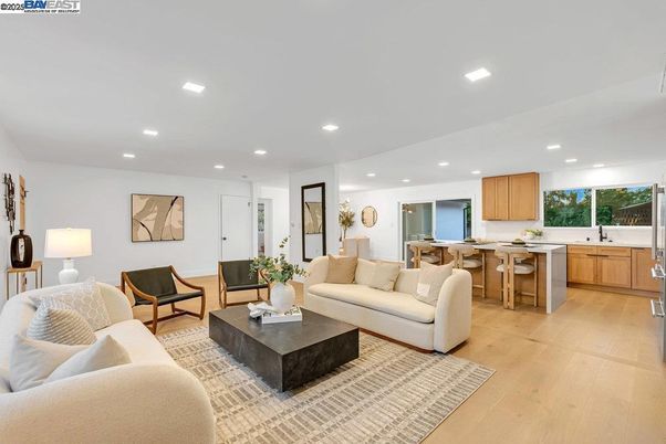 Dining room, Interior, Kitchen, Living room, Recessed Lighting, Wood Texture Flooring