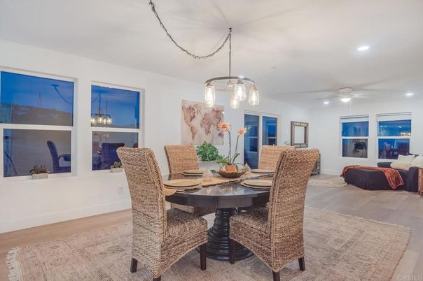 Dining room, Interior, Pendant Lights, Recessed Lighting, Wood Texture Flooring