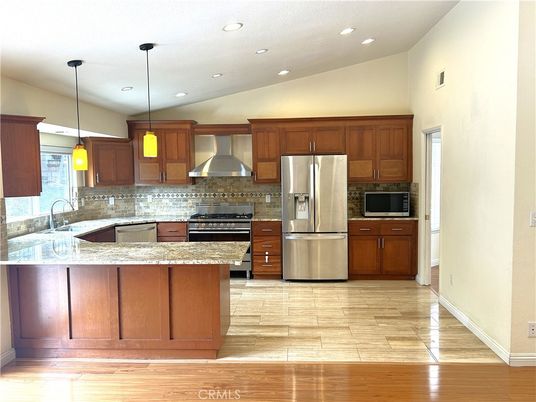 Interior, Kitchen, Pendant Lights, Recessed Lighting, Stainless Steel Appliances, Wood Texture Flooring