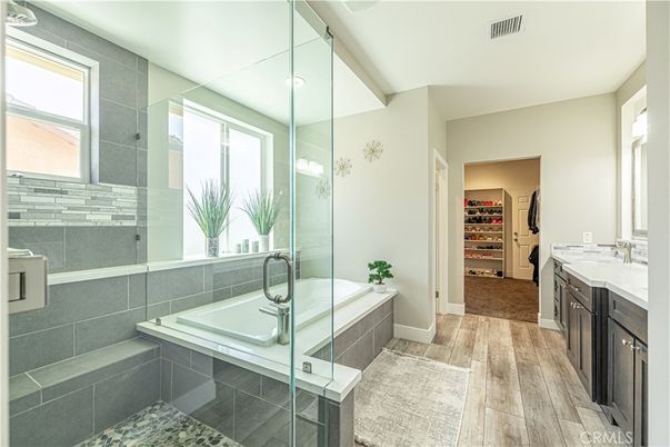 Bathroom, Glass Shower, Interior, Walk-in Closets, Wood Texture Flooring