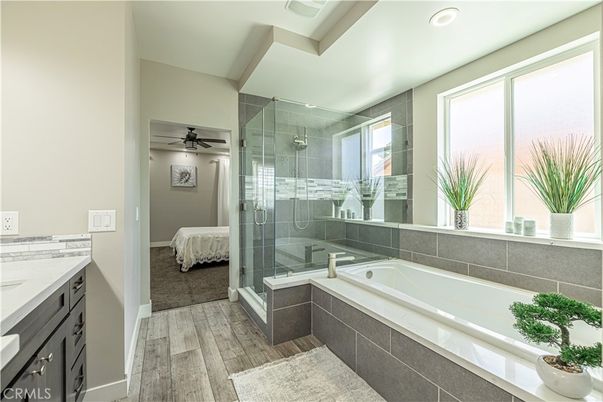 Bathroom, Glass Shower, Interior, Recessed Lighting, Wood Texture Flooring