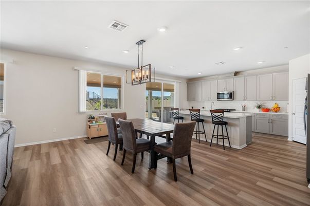 Chandelier, Dining room, Interior, Kitchen, Pendant Lights, Recessed Lighting, Wood Texture Flooring