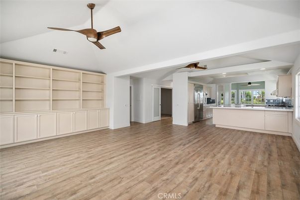 Empty room, Interior, Kitchen, Recessed Lighting, Wood Texture Flooring