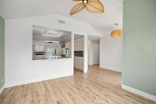 Empty room, Interior, Kitchen, Pendant Lights, Wood Texture Flooring