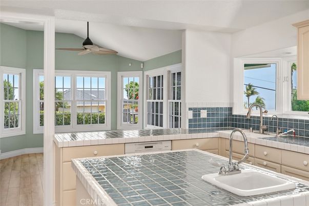 Interior, Kitchen, Tile Countertops, Wood Texture Flooring