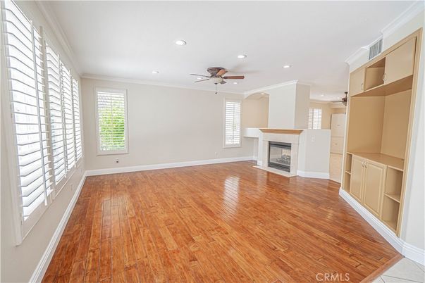Empty room, Fireplace, Interior, Recessed Lighting, Wood Texture Flooring
