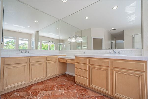 Bathroom, Dual Sink Vanities, Interior, Recessed Lighting, Tile Countertops