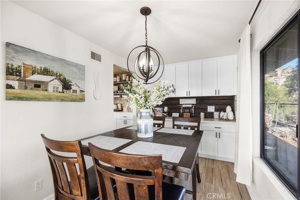 Dining room, Interior, Pendant Lights, Wood Texture Flooring