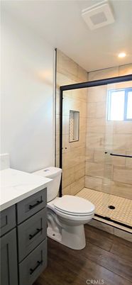 Bathroom, Glass Shower, Interior, Recessed Lighting, Wood Texture Flooring