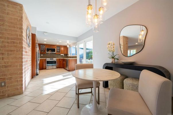 Dining room, Interior, Kitchen, Pendant Lights, Recessed Lighting, Stainless Steel Appliances, Stone Walls