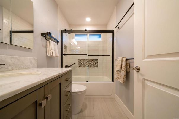 Bathroom, Glass Shower, Interior, Recessed Lighting, Wood Texture Flooring