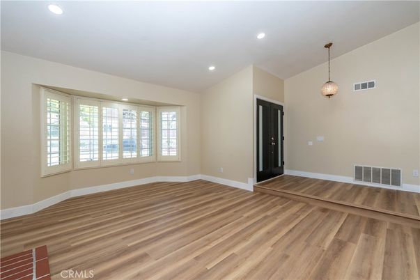 Empty room, Interior, Pendant Lights, Recessed Lighting, Wood Texture Flooring