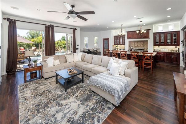 Chandelier, Dining room, Interior, Kitchen, Living room, Pendant Lights, Recessed Lighting, Wood Texture Flooring