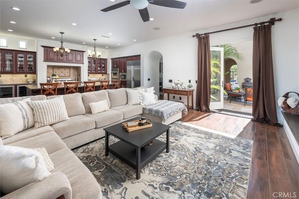 Chandelier, Dining room, Interior, Kitchen, Living room, Recessed Lighting, Stainless Steel Appliances, Wood Texture Flooring