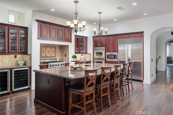 Chandelier, Interior, Kitchen, Recessed Lighting, Stainless Steel Appliances, Wood Texture Flooring