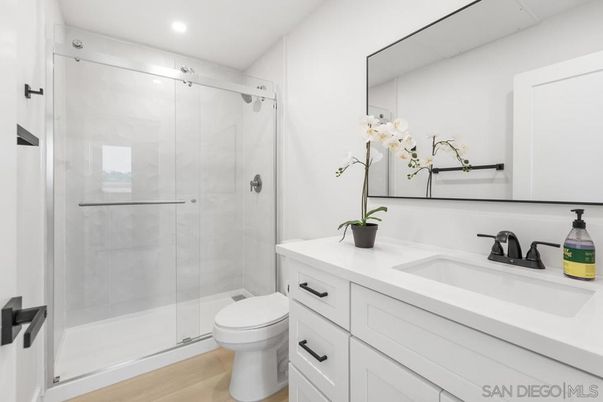 Bathroom, Glass Shower, Interior, Recessed Lighting, Wood Texture Flooring