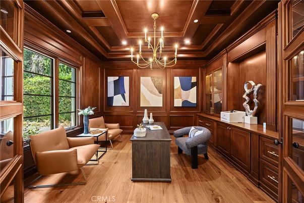 Chandelier, Home Office, Interior, Recessed Lighting, Wooden Ceilings, Wood Texture Flooring, Wooden Walls