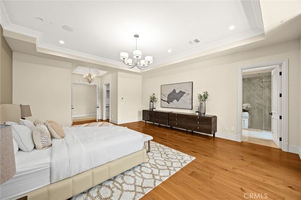 Bedroom, Chandelier, Interior, Recessed Lighting, Wood Texture Flooring