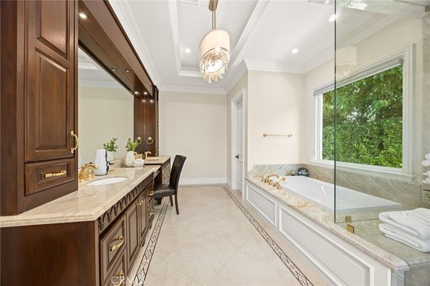 Bathroom, Chandelier, Dining room, Glass Shower, Interior, Recessed Lighting