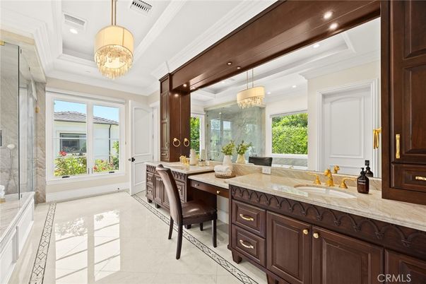 Bathroom, Chandelier, Glass Shower, Interior, Pendant Lights, Recessed Lighting