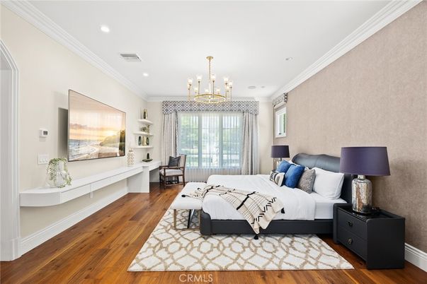 Bedroom, Chandelier, Interior, Recessed Lighting, Wood Texture Flooring