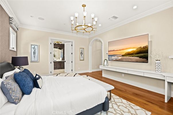 Bedroom, Chandelier, Interior, Recessed Lighting, Wood Texture Flooring