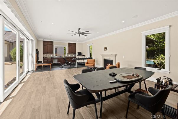 Dining room, Fireplace, Interior, Recessed Lighting, Wood Texture Flooring