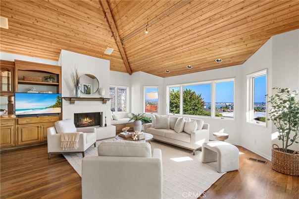 Fireplace, Interior, Living room, Recessed Lighting, Water, Wooden Ceilings, Wood Texture Flooring