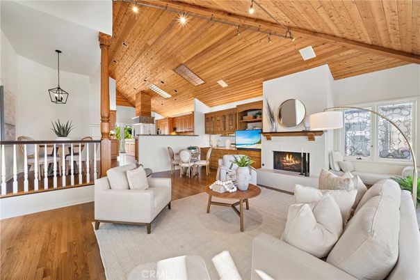 Dining room, Fireplace, Interior, Kitchen, Living room, Pendant Lights, Recessed Lighting, Wooden Beams, Wooden Ceilings, Wood Texture Flooring