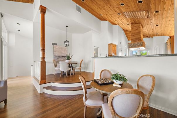 Dining room, Interior, Pendant Lights, Recessed Lighting, Wooden Ceilings, Wood Texture Flooring