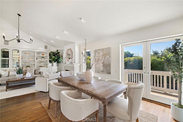 Chandelier, Dining room, Fireplace, Interior, Living room, Recessed Lighting, Wood Texture Flooring