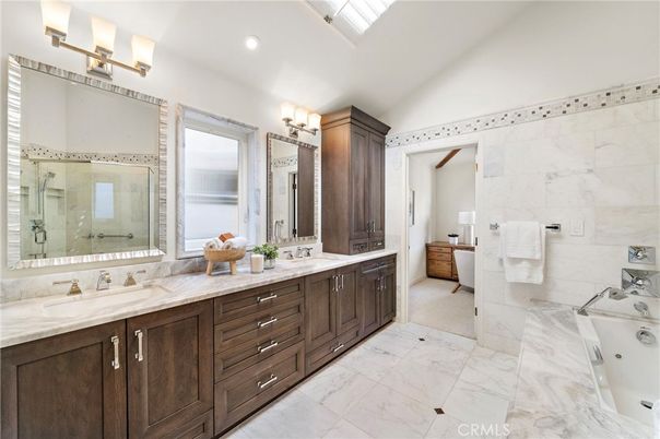 Bathroom, Dual Sink Vanities, Glass Shower, Interior, Marble, Recessed Lighting