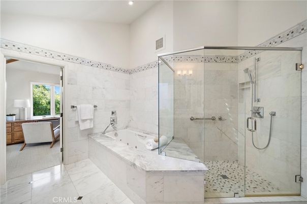 Bathroom, Glass Shower, Interior, Marble, Marble Walls, Recessed Lighting