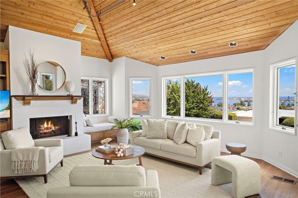 Fireplace, Interior, Living room, Recessed Lighting, Water, Wooden Beams, Wooden Ceilings, Wood Texture Flooring