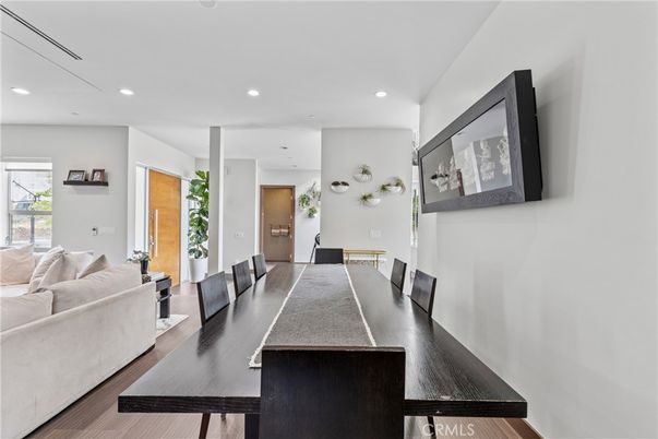 Dining room, Interior, Living room, Recessed Lighting, Wood Texture Flooring