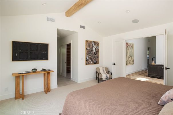 Bedroom, Interior, Recessed Lighting, Wooden Beams, Wood Texture Flooring